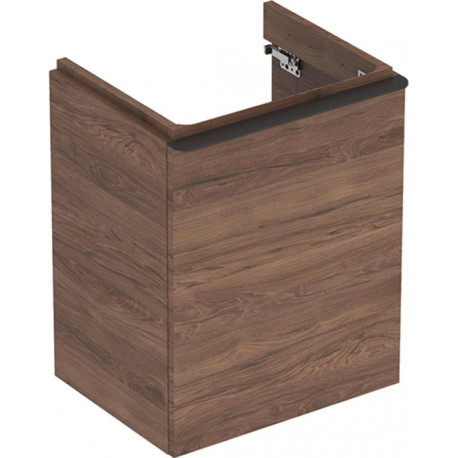 Meuble bas Geberit Smyle Square pour lave-mains,avec une porte: Largeur 49.2cm, Hauteur 61.7cm, Profondeur 40.6cm, Noyer Carya/mélamine structuré bois, gris velouté / thermopoudré mat, Largeur de lavabo:50cm, Charnières à droite 
