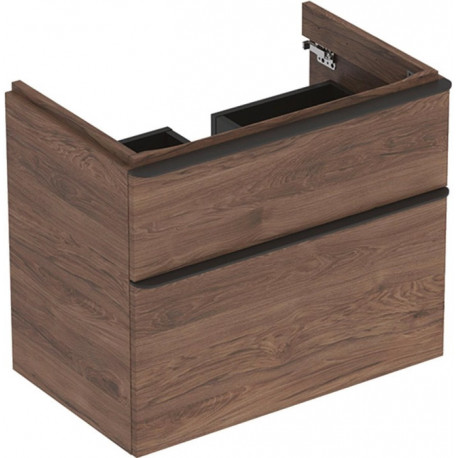 Meuble bas Geberit Smyle Square pour lavabo,avec deux tiroirs: Largeur 73.4cm, Hauteur 61.7cm, Profondeur 47cm, Noyer Carya/mélamine structuré bois, gris velouté / thermopoudré mat