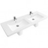 Vasques doubles, 1300 x 470 mm, Rectangulaire, pour deux robinetteries à 3 trou s, trou s de robinetterie centraux percés, avec trop-plein, En porcelaine sanitaire Blanc CeramicPlus