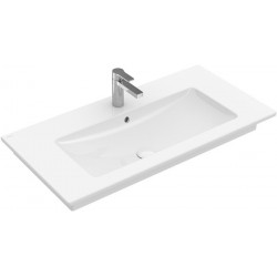 Plans de toilette avec meuble, 800 x 500 mm, Angulaire, pour robinetterie à 3 trou s, trou de robinetterie central percé, avec trop-plein, En porcelaine sanitaire Blanc
