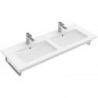 Plans de toilette doubles, 1300 x 500 mm, Angulaire, pour robinetterie murale, sans troude robinetterie,avec trop-plein, En porcelaine sanitaire Blanc