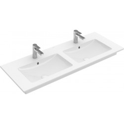 Plans de toilette doubles, 1300 x 500 mm, Angulaire, pour deux robinetteries à 3 trou s, trou s de robinetterie centraux percés,avec trop-plein, En porcelaine sanitaire Blanc