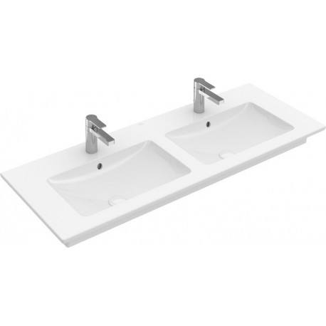 Plans de toilette doubles, 1300 x 500 mm, Angulaire, pour deux robinetteries à 3 trou s, trou s de robinetterie centraux percés,avec trop-plein, En porcelaine sanitaire Blanc