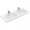 Plans de toilette doubles, 1300 x 500 mm, Angulaire, pour deux robinetteries à 3 trou s, trou s de robinetterie centraux percés,avec trop-plein, En porcelaine sanitaire Blanc