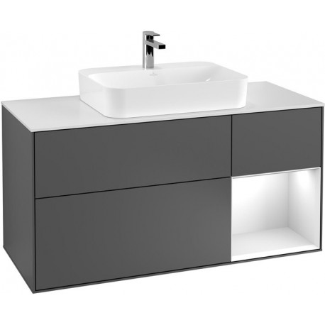 Finion, Meubles sous lavabo, 1200 x 603 x 501 mm, Angulaire,avec meuble étagère (éclairé), modèle suspendu, En bois, lavabo au milieu, éclairage LED, 1x LED / 2,3W, 2x LED / 4,2W, 2700 K à 6480 K, Glossy White Lacquer