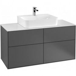 Finion, Meubles sous lavabo, 1200 x 603 x 501 mm, Angulaire,avec éclairage mural, modèle suspendu, En bois, lavabo au milieu, éclairage LED, 2x LED / 4,2W, 2700 K à 6480 K, Glossy White Lacquer