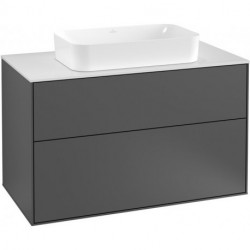 Finion, Meubles sous lavabo, 1000 x 603 x 501 mm, Angulaire,avec éclairage mural, modèle suspendu, En bois, lavabo au milieu, éclairage LED, 2x LED / 4,2W, 2700 K à 6480 K, Glossy White Lacquer