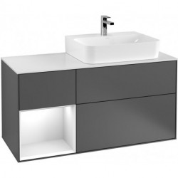 Finion, Meubles sous lavabo, 1200 x 603 x 501 mm, Angulaire,avec meuble étagère (éclairé), modèle suspendu, En bois, lavabo à droite, éclairage LED, 1x LED / 2,3W, 2700 K à 6480 K, Glossy White Lacquer