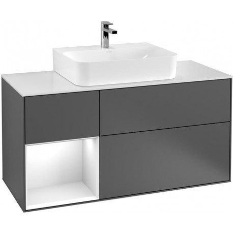 Finion, Meubles sous lavabo, 1200 x 603 x 501 mm, Angulaire,avec meuble étagère (éclairé), modèle suspendu, En bois, lavabo au milieu, éclairage LED, 1x LED / 2,3W, 2700 K à 6480 K, Glossy White Lacquer