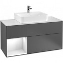 Finion, Meubles sous lavabo, 1200 x 603 x 501 mm, Angulaire,avec meuble étagère (éclairé), modèle suspendu, En bois, lavabo au milieu, éclairage LED, 1x LED / 2,3W, 2700 K à 6480 K, Glossy White Lacquer