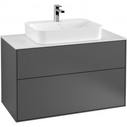 Finion, Meubles sous lavabo, 1000 x 603 x 501 mm, Angulaire,avec éclairage mural, modèle suspendu, En bois, lavabo au milieu, éclairage LED, 2x LED / 4,2W, 2700 K à 6480 K, Glossy White Lacquer