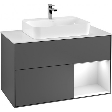Finion, Meubles sous lavabo, 1000 x 603 x 501 mm, Angulaire,avec meuble étagère (éclairé), modèle suspendu, En bois, lavabo au milieu, éclairage LED, 1x LED / 2,3W, 2x LED / 4,2W, 2700 K à 6480 K, Glossy White Lacquer