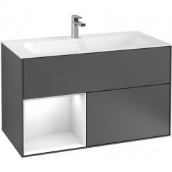 Finion, Meubles sous lavabo, 996 x 591 x 498 mm, Angulaire,avec meuble étagère (éclairé), modèle suspendu, En bois, éclairage LED, 1x LED / 2,3W, 2700 K à 6480 K, Glossy White Lacquer