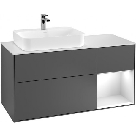Finion, Meubles sous lavabo, 1200 x 603 x 501 mm, Angulaire,avec meuble étagère (éclairé), modèle suspendu, En bois, lavabo à gauche, éclairage LED, 1x LED / 2,3W, 2700 K à 6480 K, Glossy White Lacquer