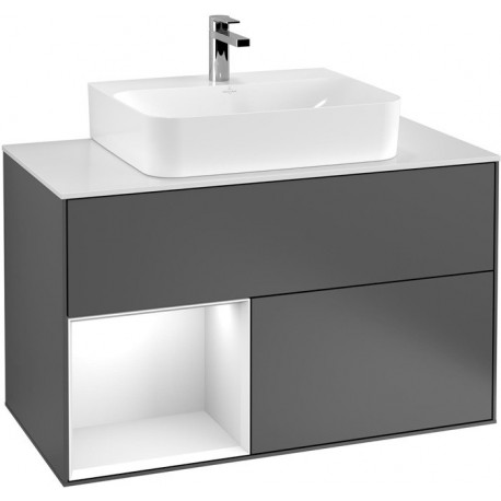 Finion, Meubles sous lavabo, 1000 x 603 x 501 mm, Angulaire,avec meuble étagère (éclairé), modèle suspendu, En bois, lavabo au milieu, éclairage LED, 1x LED / 2,3W, 2700 K à 6480 K, Glossy White Lacquer