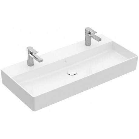 Memento 2.0, Lavabos muraux, 1000 x 470 mm, Rectangulaire, modèle meulé, pour deux robinetteries monotrou , trou s de robinetterie percés, avec trop-plein, TitanCeram