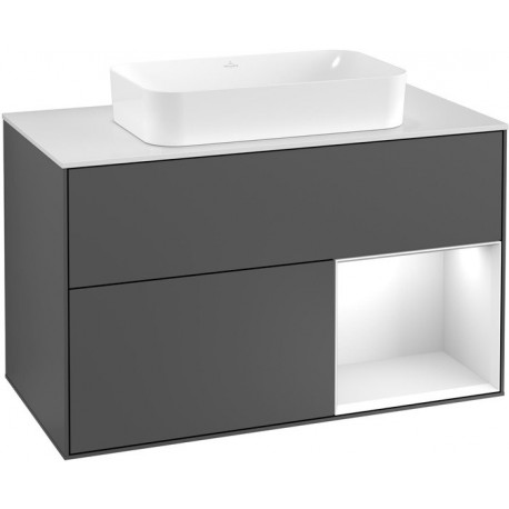 Finion, Meubles sous lavabo, 1000 x 603 x 501 mm, Angulaire,avec meuble étagère (éclairé), modèle suspendu, En bois, lavabo au milieu, éclairage LED, 1x LED / 2,3W, 2x LED / 4,2W, 2700 K à 6480 K, Glossy White Lacquer