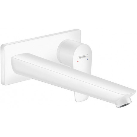 mitigeur de lavabo encastré mural, bec 225mm, bonde à écoulement libre blanc mat