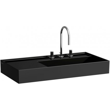 Lavabo KARTELL 900 x 460 mm, étagère à gauche sans trop-plein, 2 trous pour robinetterie en noir LAUFEN