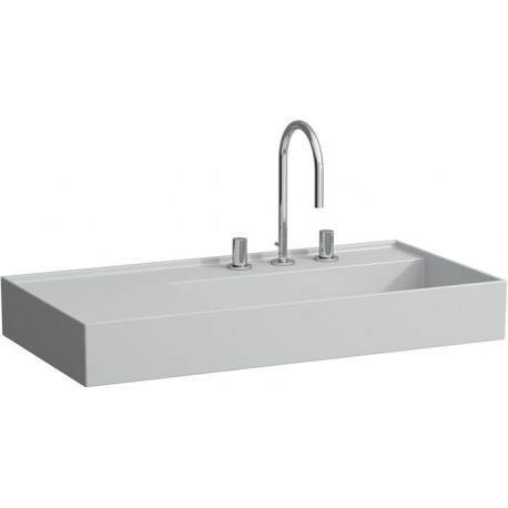 Lavabo KARTELL 900 x 460 mm, étagère à gauche sans trop-plein, 2 trous pour robinetterie en gris LAUFEN