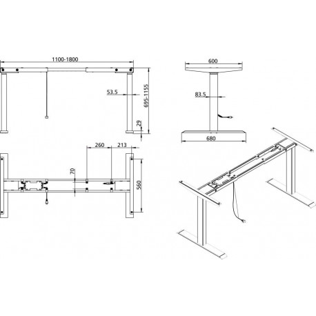 Cadre table elévatrice bureau 2M3S noir RAL 9017 610-1270 mm