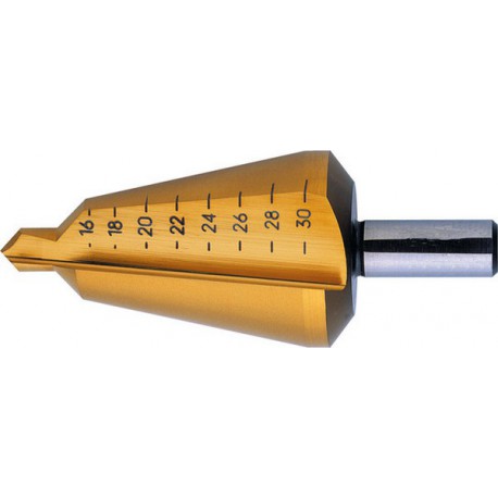 Foret perce-tôle de précision, acier rapide, revêtement TiN, Capacité de perçage : 4-20 mm, Taille 2, Long. totale 71 mm, Long. de la queue : 22 mm