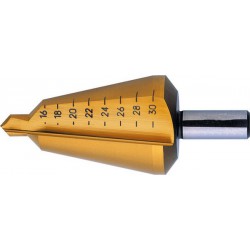 Foret perce-tôle de précision, acier rapide, revêtement TiN, Capacité de perçage : 36-50 mm, Taille 5, Long. totale 97 mm, Long. de la queue : 30 mm