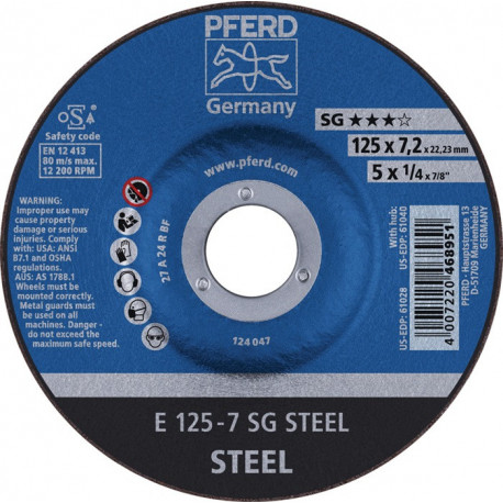 Meule à ébarber SG STEEL D230xS7.2 mm contre-coudé acier perçage 22.23 mm PFERD (Par 10)