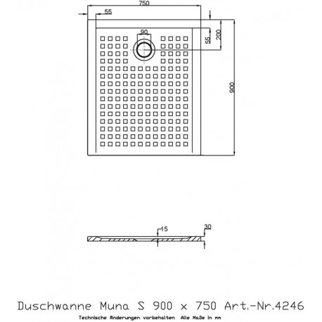 Receveur de douche Hoesch MUNA S avec antidérapant 900x750x30mm blanc