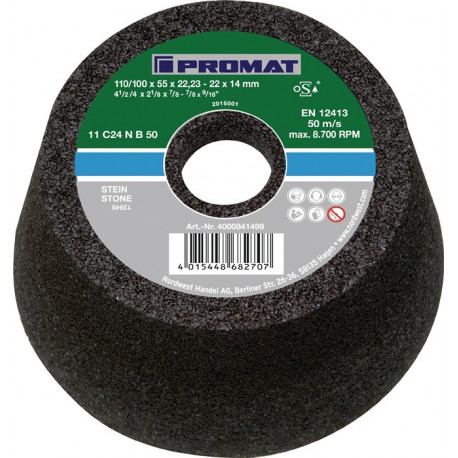 Meule boisseau C24N 110/100 mm pierre nat. et artif., acier moulé perçage 22,23 mm PROMAT