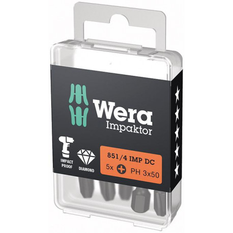 Embout Bit Impaktor 1/4 DIN 3126 E6.3 PH3x50mm 5er Pack Wera
