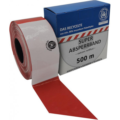 Ruban barrière 100 m rouleau rouge/blanc bloqué d'au moins 80% de regranulat certifié Blue Angel