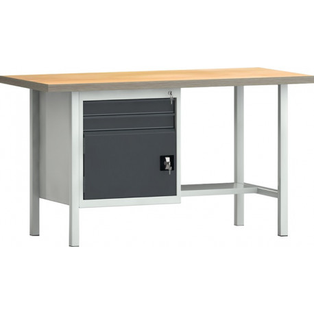 Établi PW 700 l.1500xP700xH840 mm hêtre Multiplex gris clair, RAL 7035 gris anthr., RAL 7016 2 tiroirs 1 porte