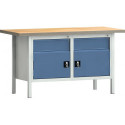Établi PW 700 l.1500xP700xH840 mm hêtre Multiplex gris clair, RAL 7035 bleu brill., RAL 5007 2 tiroirs 2 portes