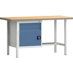 Établi PW 700 l.1500xP700xH840 mm hêtre Multiplex gris clair, RAL 7035 bleu brill., RAL 5007 2 tiroirs 1 porte