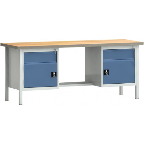 Établi PW 700 l.2000xP700xH840 mm hêtre Multiplex gris clair, RAL 7035 bleu brill., RAL 5007 2 tiroirs 2 portes