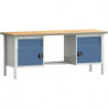 Établi PW 700 l.2000xP700xH840 mm hêtre Multiplex gris clair, RAL 7035 bleu brill., RAL 5007 2 tiroirs 2 portes