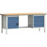 Établi PW 700 l.2000xP700xH840 mm hêtre Multiplex gris clair, RAL 7035 bleu brill., RAL 5007 4 tiroirs 1 porte
