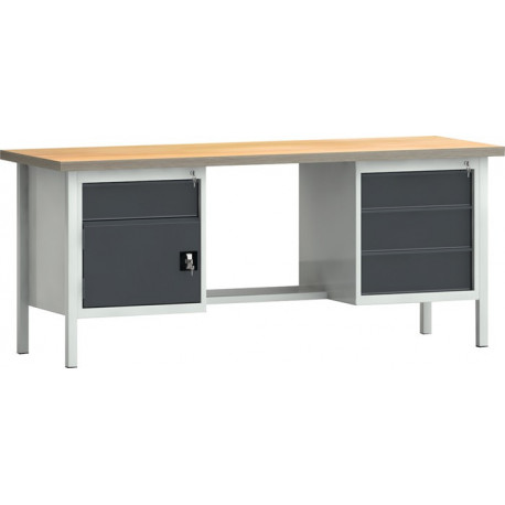 Établi PW 700 l.2000xP700xH840 mm hêtre Multiplex gris clair, RAL 7035 gris anthr., RAL 7016 4 tiroirs 1 porte