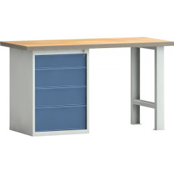 Établi PW 700 l.2000xP700xH840 mm hêtre Multiplex gris clair, RAL 7035 bleu brill., RAL 5007 4 tiroirs