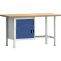 Etabli PW 700 L1500xP700xH840mm hêtre multiplex gris bleu gentiane 2 tiroirs 1 porte