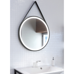 Miroir lumineux ELEGANZA avec boucle en cuir lisse noir 60 cm