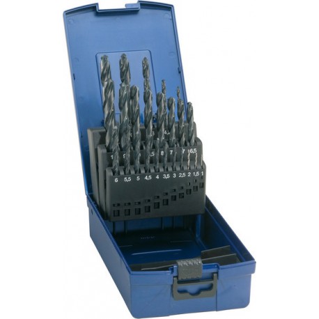 Jeu de forets hélicoïdaux, coffret plastique, en acier à coupe rapide, type N, DIN 338, rectifié, Ø h8 : 1,00-13,00 mm, Nombre de forets 25 pièces